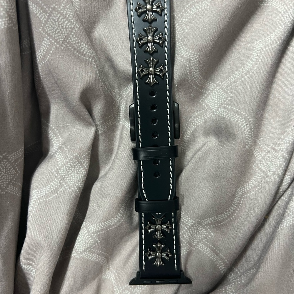 Black Leather Watch Strap with Silver Accents for Apple Watch